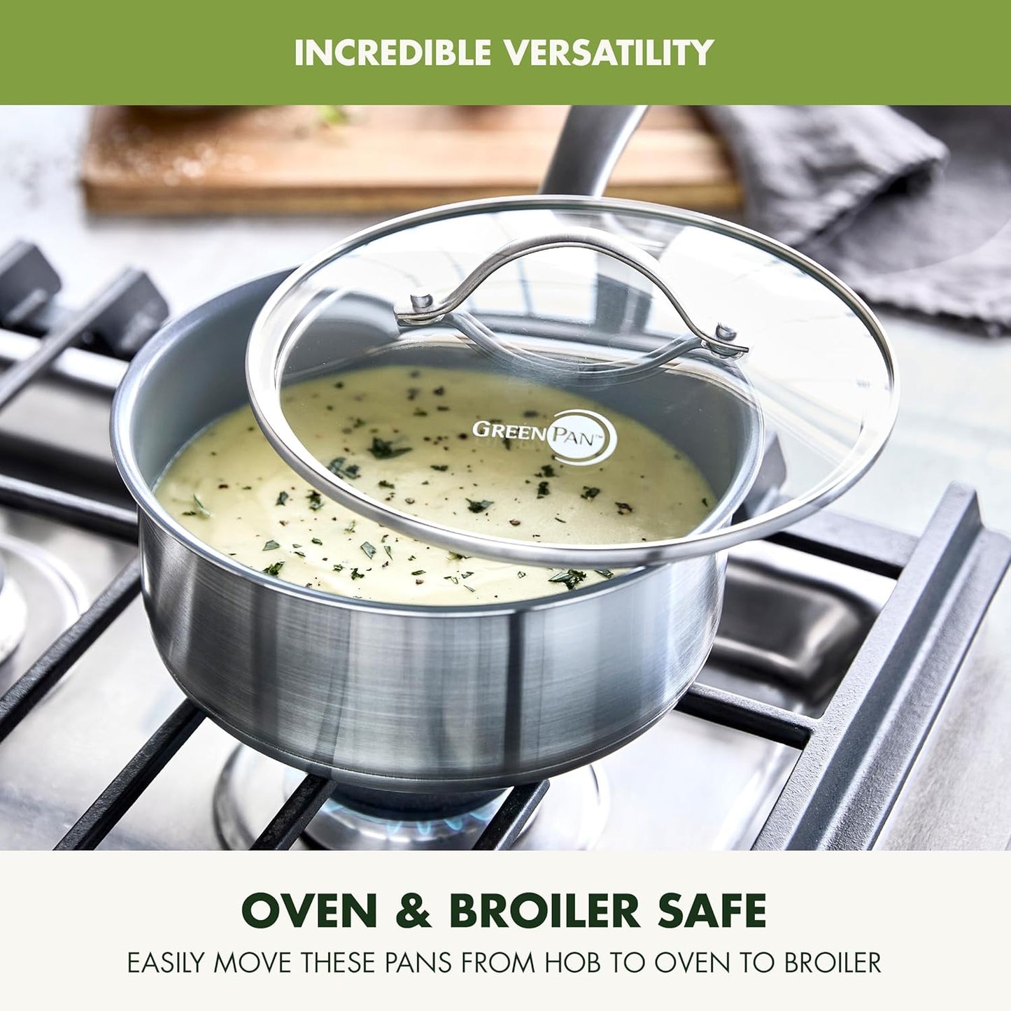 GreenPan Stainless Steel Treviso 2.1QT Saucepan with Lid, Healthy Ceramic Nonstick, PFOA-Free PFAS-Free, Induction, Dishwasher Safe, Oven Safe, Even Heating, Silver