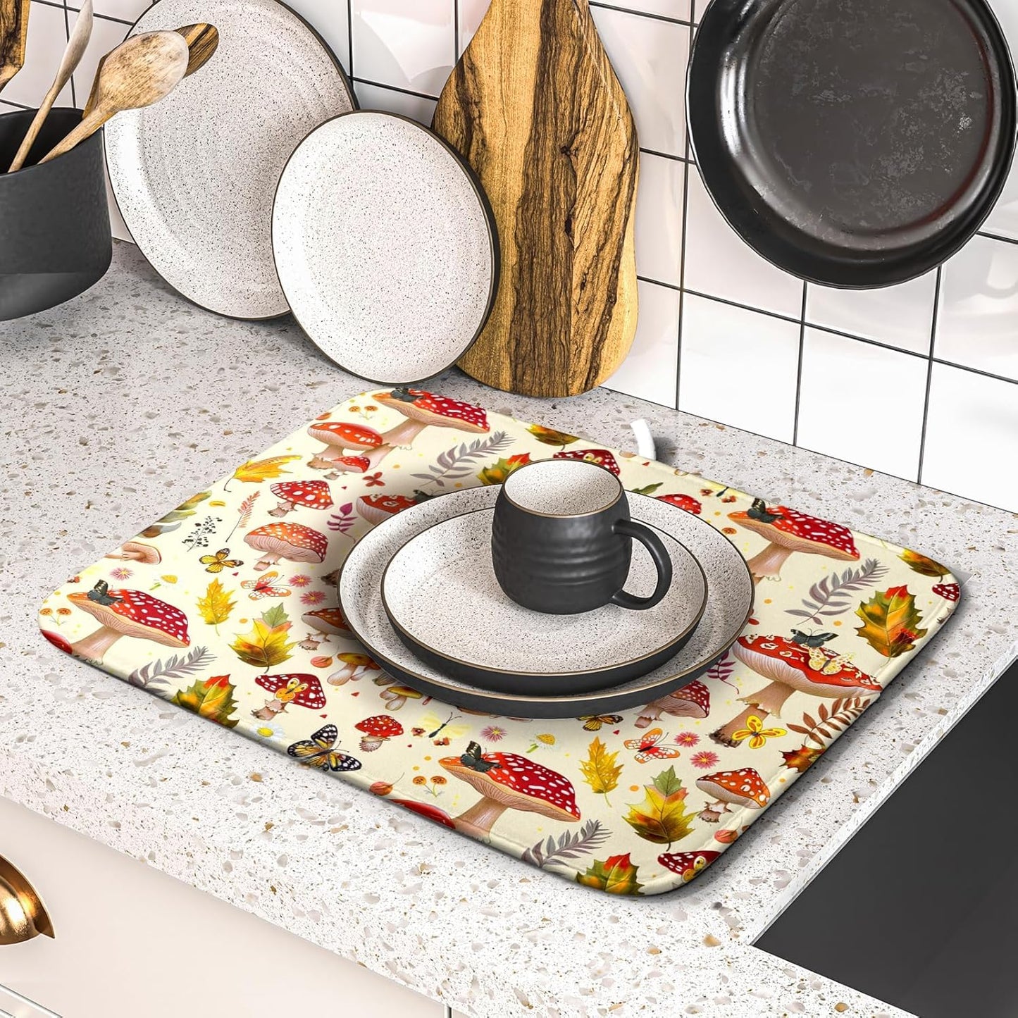 Forest Mushroom Dish Drying Mats Wild Plant Butterfly Kitchen Sink Rack Mats 16 X 18 Inch