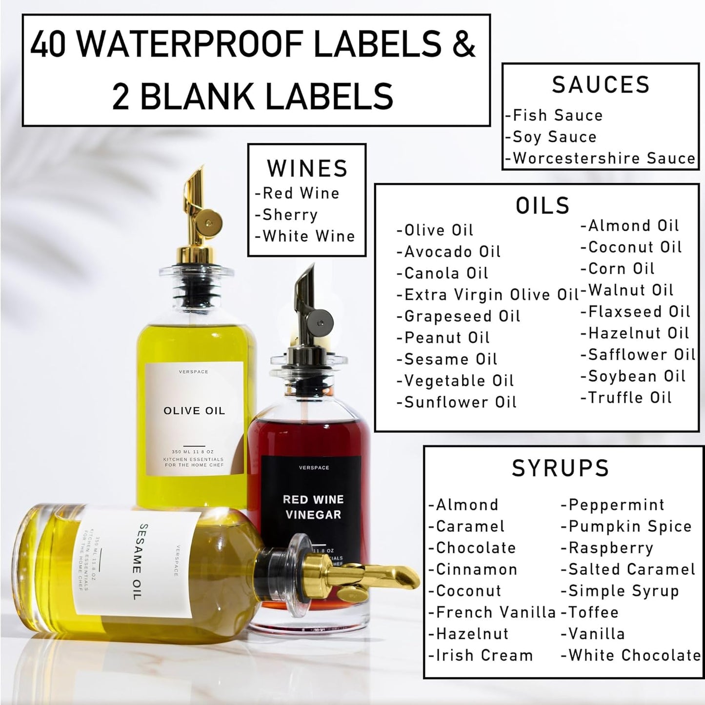 Olive Oil Dispenser Bottle For Kitchen With Silicone Tray & 40 Labels, Soy Sauce Dispenser, Coffee Syrup Dispenser, Olive Oil Bottles Set Of 2, Black