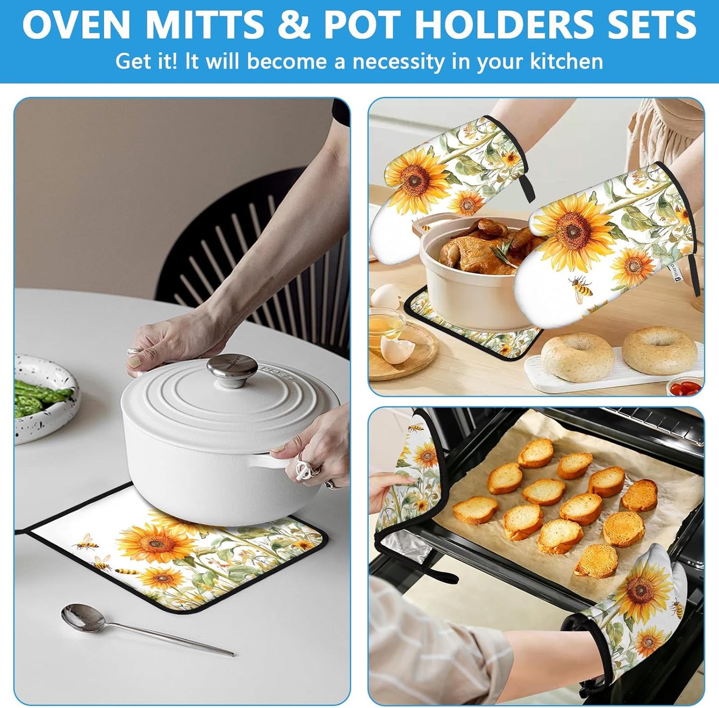 Watercolor Sunflower Oven Mitts and Pot Holders Sets Heat Resistant 4Pcs Busy Bee Potholders Oven Gloves Hot Pads for Kitchen Baking Cooking Grilling BBQ