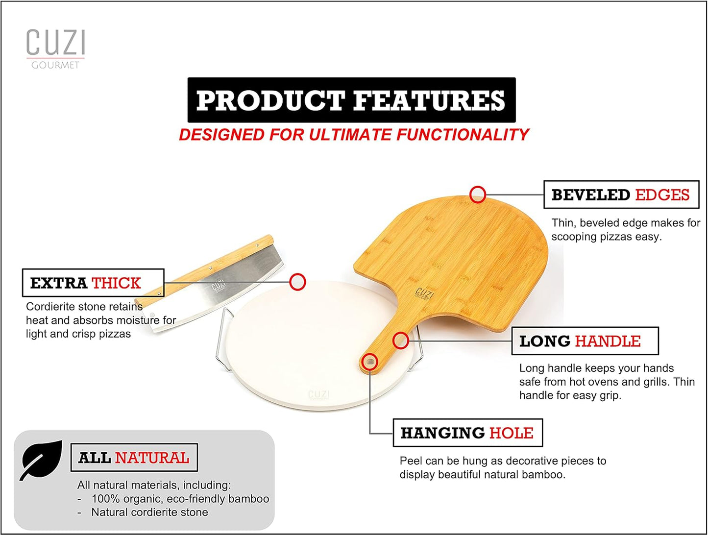Cuzi Gourmet 4-Piece Large Pizza Stone Set - 13" Thermal Shock Resistant Cordierite Pizza Stone with Handle Rack, 19" Natural Bamboo Pizza Peel & Pizza Cutter - Large Baking Stone for Grill and Oven