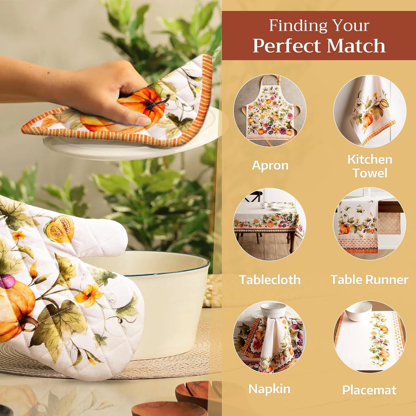 Maison d' Hermine Pot Holders 100% Cotton Heat Resistant Potholders 8" x 8" Hot Pads with Loop BBQ, Cooking, Baking, Grilling, Kitchen, Handling Hot Pans (Pack of 1, Pumpkin Garden - Cloudy Cream)