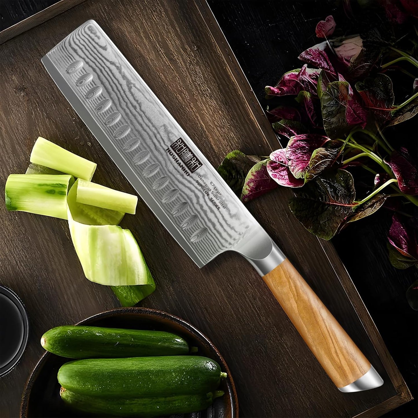 Damascus Nakiri Knife 6.5 Inch, Super Sharp Damascus VG-10 Japanese Kitchen Knife, Cleaver and Vegetable Knife with Ergonomic Olive Wood Handle