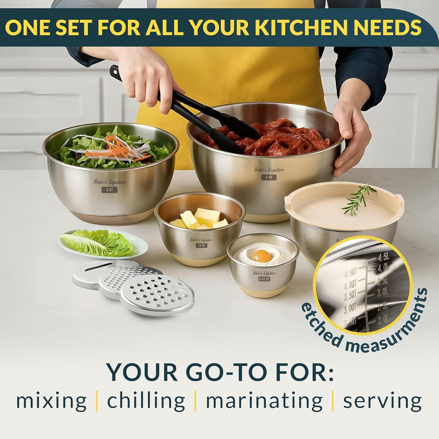 Stainless Steel Mixing Bowls with Lids Set, 5 Sizes, 3 Graters, Non-Slip Base, Airtight Lids, Metal Mixing Bowls for Kitchen, Food Prep, Storage, 0.63QT-5QT, Khaki