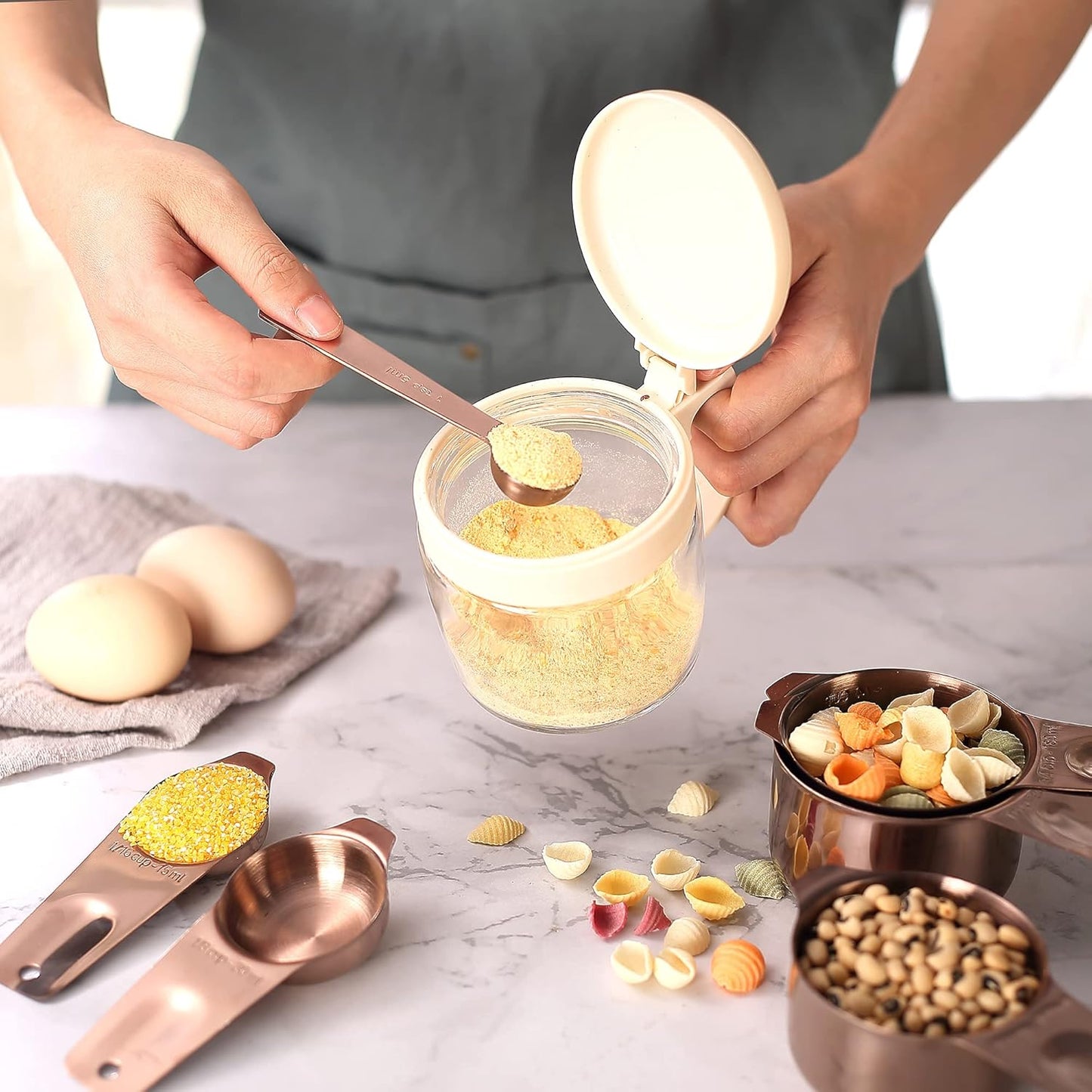 Copper Measuring Cups and Spoons Set (19PCS Set - Antique Copper Plated), 8 Measuring Cups, 9 Measuring Spoons, 1 Leveler and 1 Magnetic Measurement Chart, Stackable for Easy Storage with Gift Box