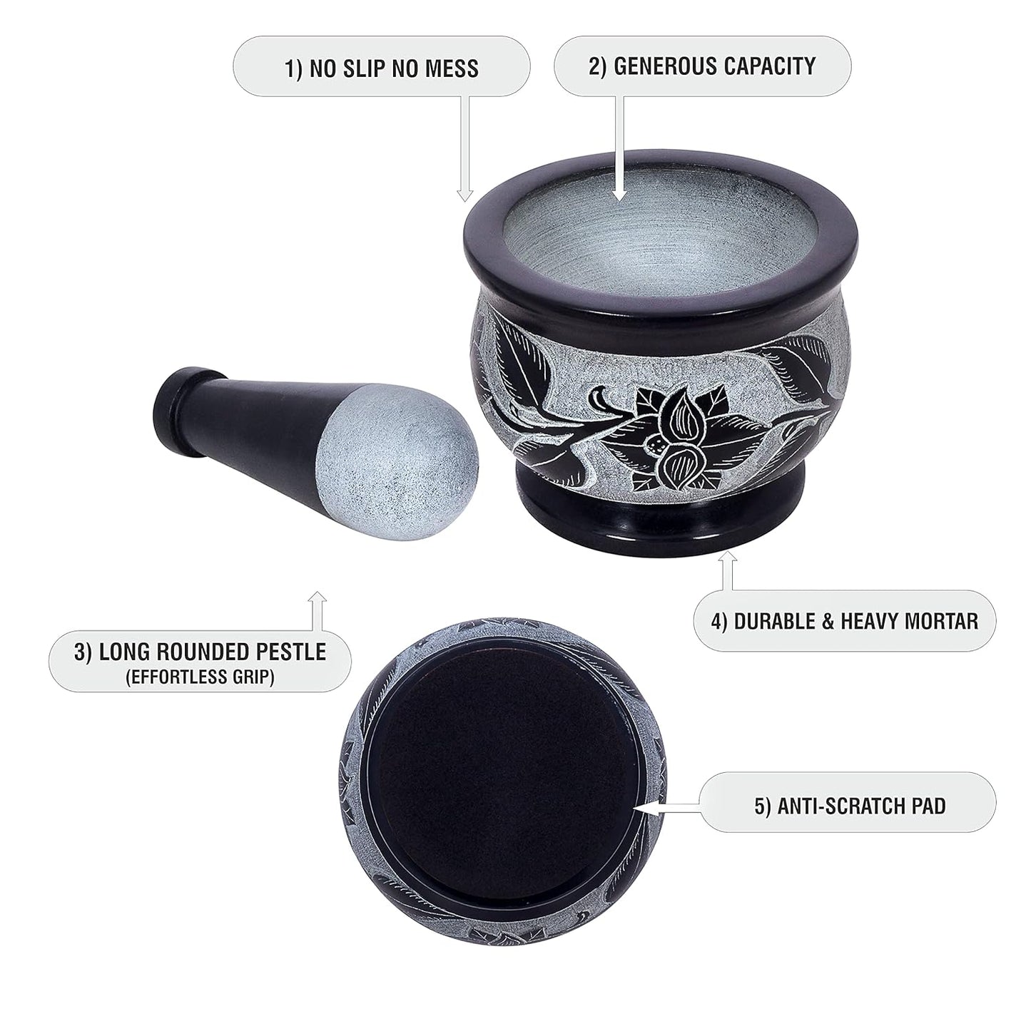 Mortar and Pestle, Made of Heavy Duty Polished Hard Stone, Natural Stone Grinder for Spices, Pastes, Herbs, Seasoning etc. (Floral)