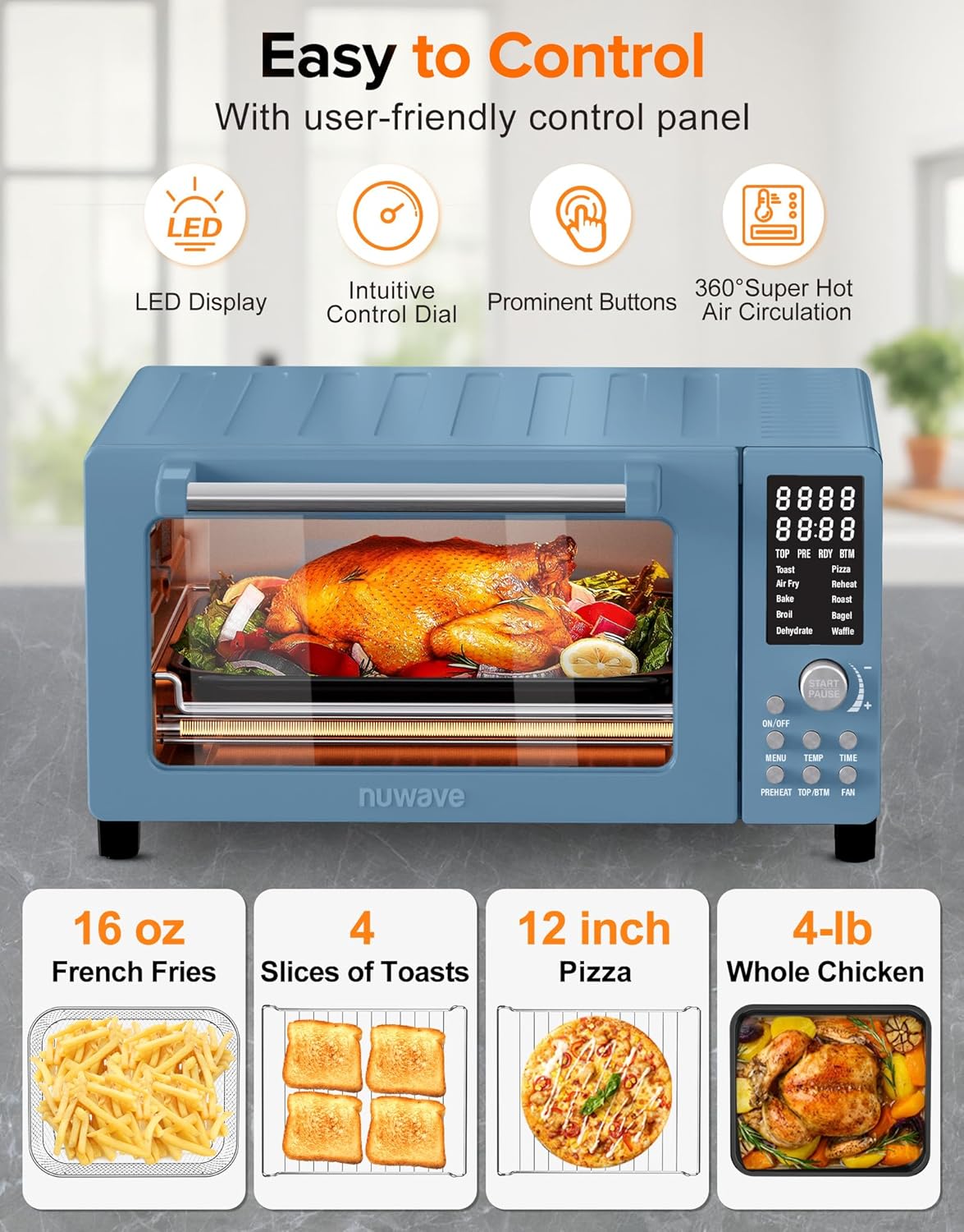 Nuwave Bravo Pro Smart Air Fryer Toaster Oven Combo, Airfryer Convection Oven Countertop, 10-in-1 Functions with Quicker & Even Crisp Technology, 1800W, 50-450°F, PFAS-Free, 21QT, Cozy Blue