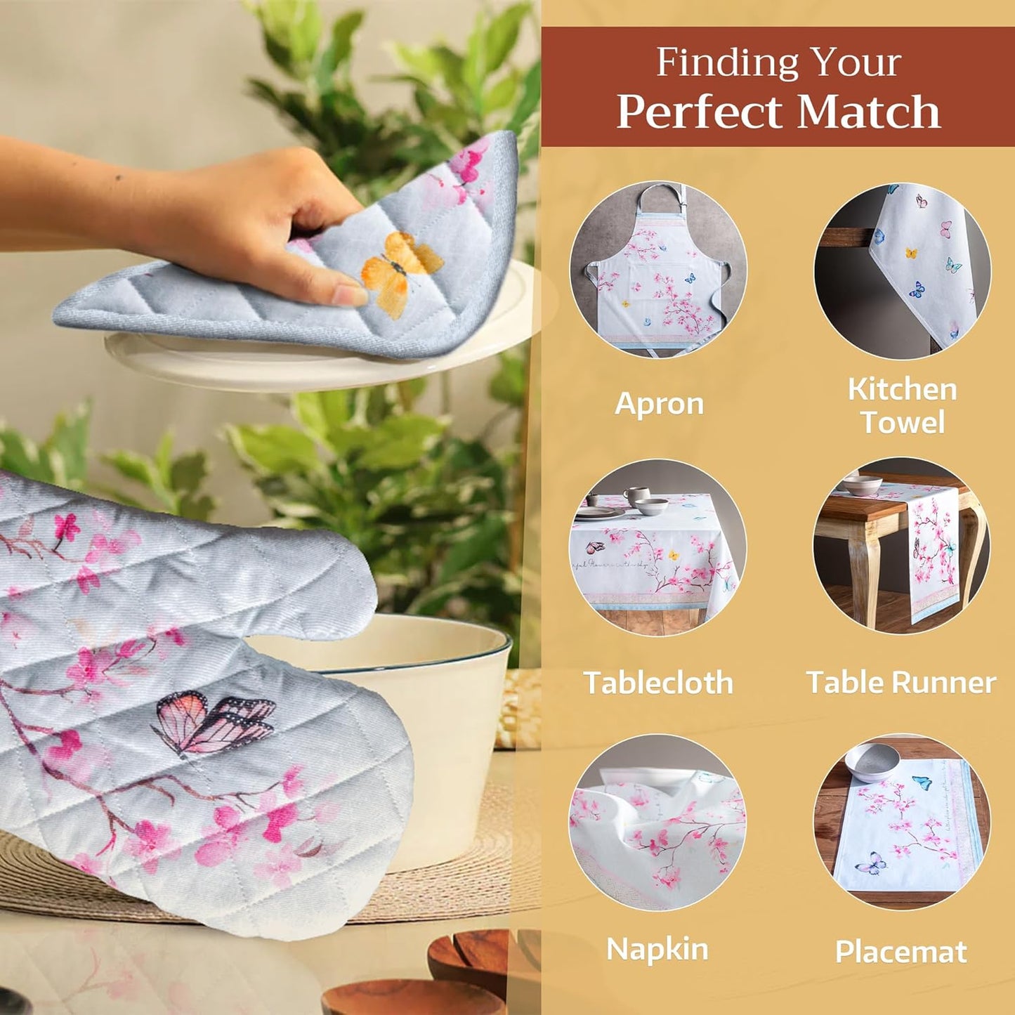 Maison d' Hermine Oven Gloves 100% Cotton Oven Mitt 7" x 13" with Loop Heat Resistant, BBQ, Cooking Gloves, Baking, Grilling, Kitchen, Handling Hot Pans Spring/Summer (Pack of 1, Blossoms in Spring)