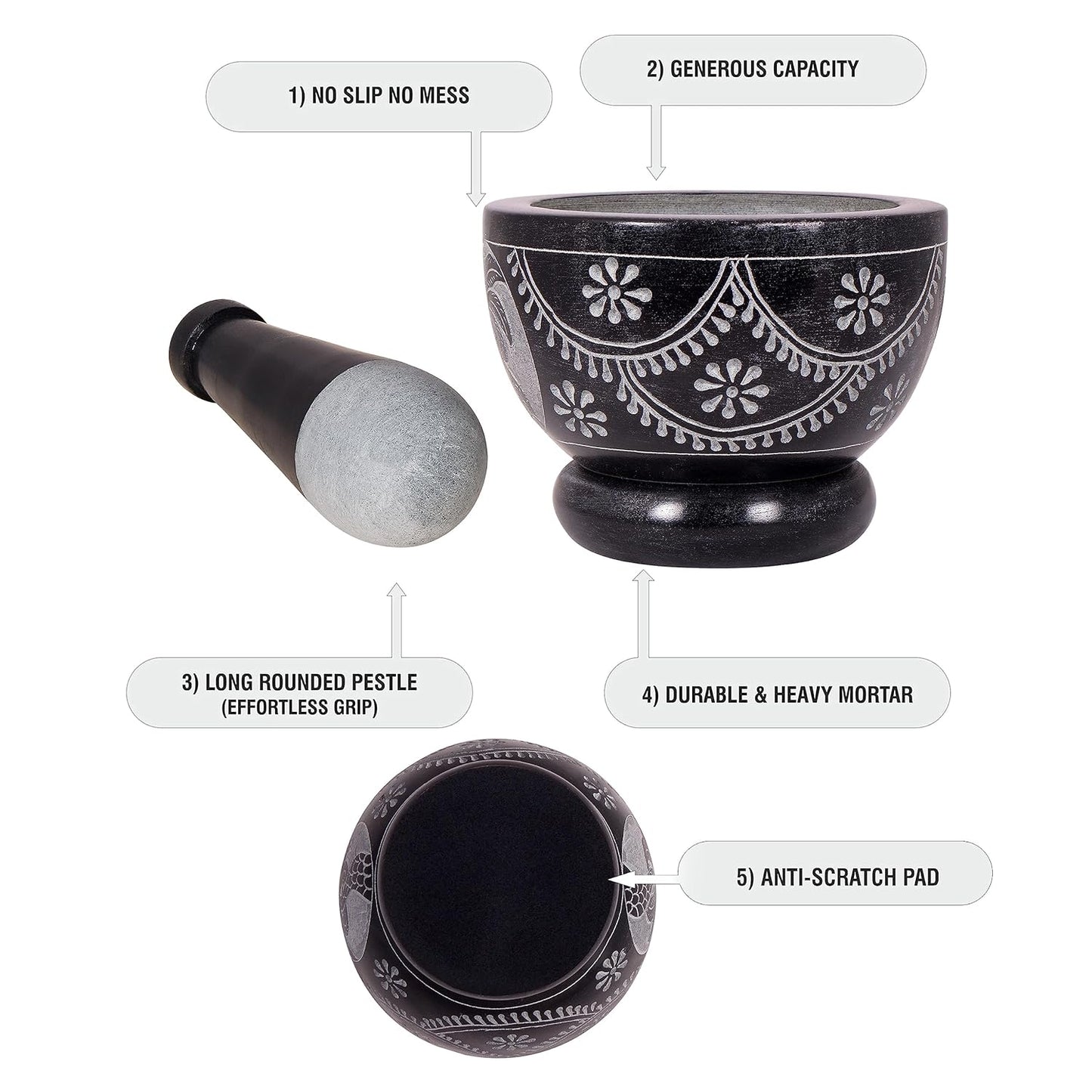 Mortar and Pestle, Made of Heavy Duty Polished Hard Stone, Natural Stone Grinder for Spices, Pastes, Herbs, Seasoning etc. (Palm Tree)