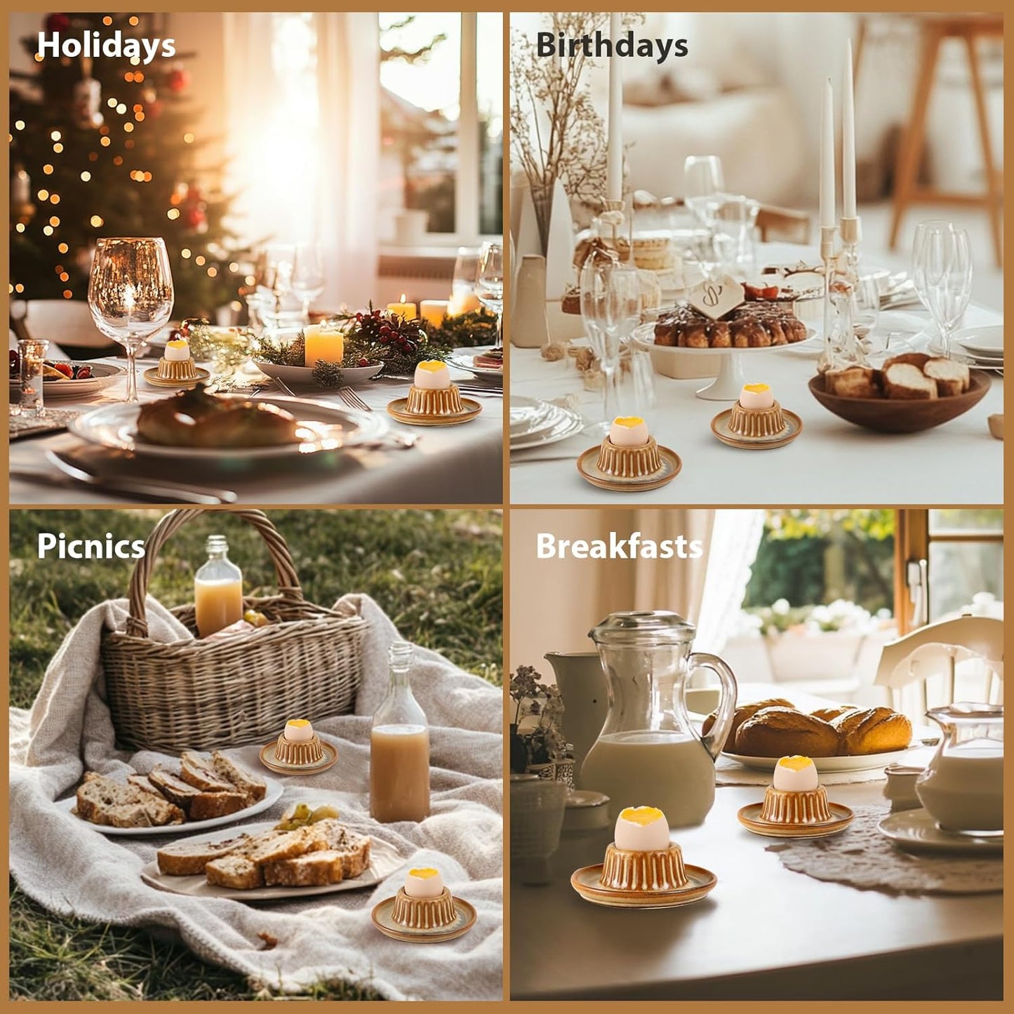 INGOFIN 2 Pcs Ceramic Egg Cups, Soft Boiled Egg Holders Set, Classic Porcelain Stackable, Easy to Clean Tray, Decorative Serving Dish for Breakfast, Easter or Kitchen, Brown