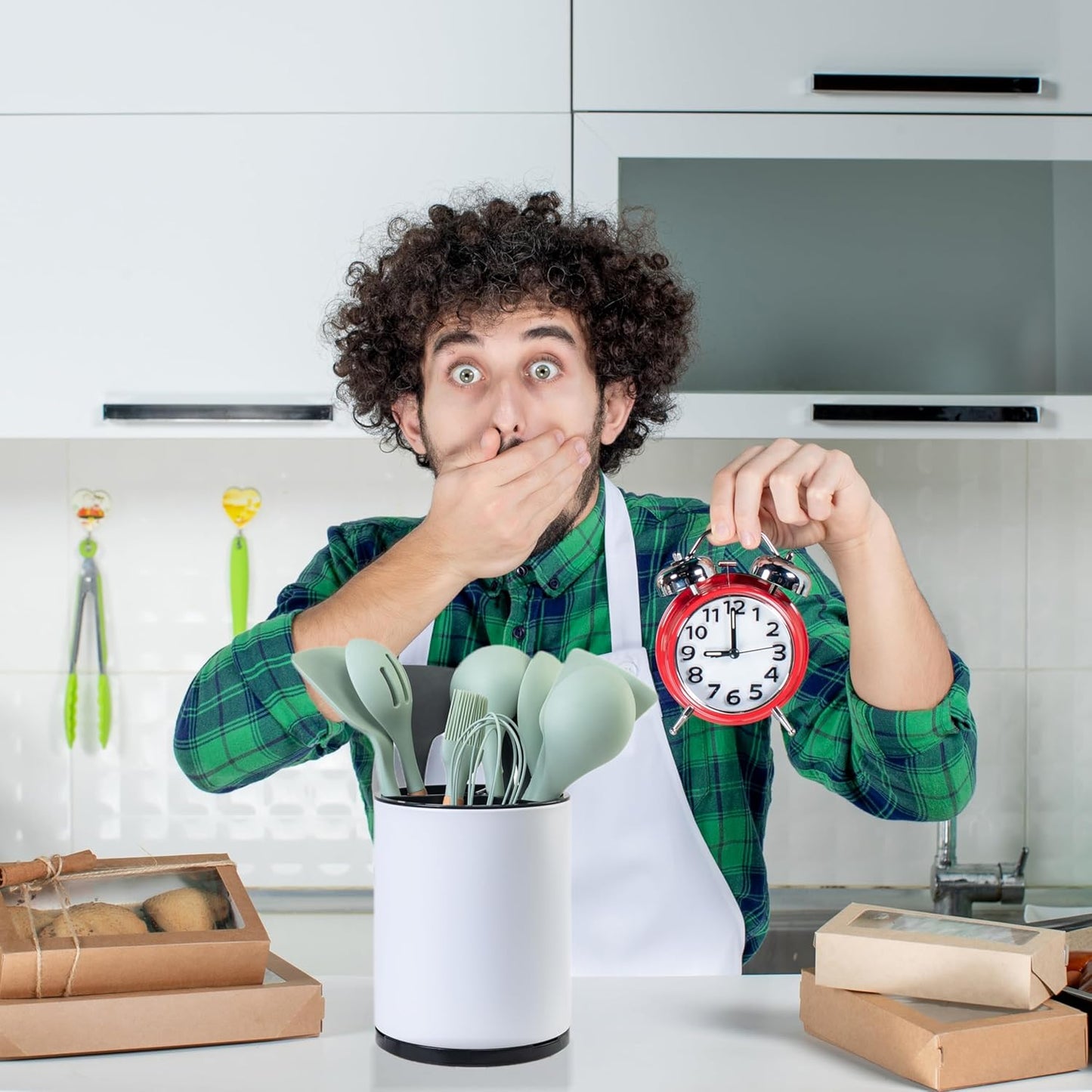 Kitchen Utensil Holder Extra Large 360°Rotating For Counter Organizer Stainless Steel Storage Cooking Silverware Caddy 3 Compartment Flatware Spoon Spatula Tool Cutlery Container(White)