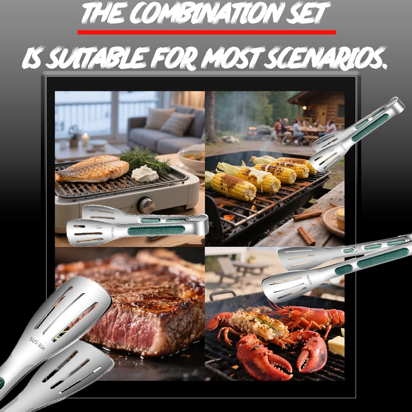 Stainless Steel Kitchen Tong Set - Anti-Slip Heat-Resistant Grip, Widened 3-Line Slotted Heads for Easy Clamping (Steaks, BBQ, Pasta, Salads), Easy Clean 3-Piece Set (6/9/11 Inches) for Versatile Use