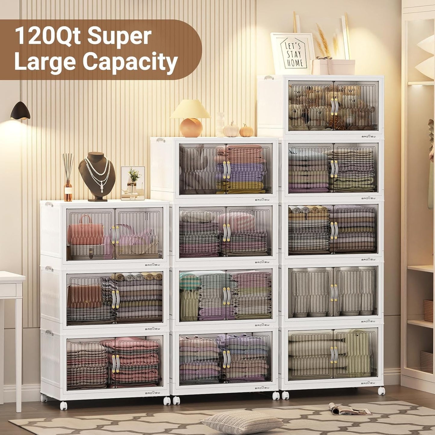 480Qt Stackable Storage Bins with Lid, Extra Large Closet Organizer Collapsible Drawer Boxes with Wheels, Folding Plastic Cabinet Containers for Home Kitchen Room Organization, 4Pack White