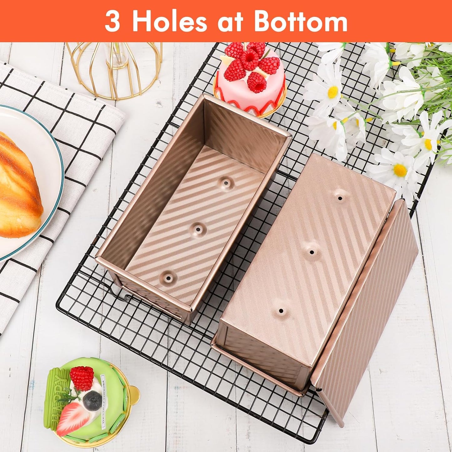 Beasea Pullman Loaf Pan With Lid, 2 Pack 0.5 lb Small Non-Stick Carbon Steel Mini Toast Box for Homemade Bread Oven Baking - Rose Gold