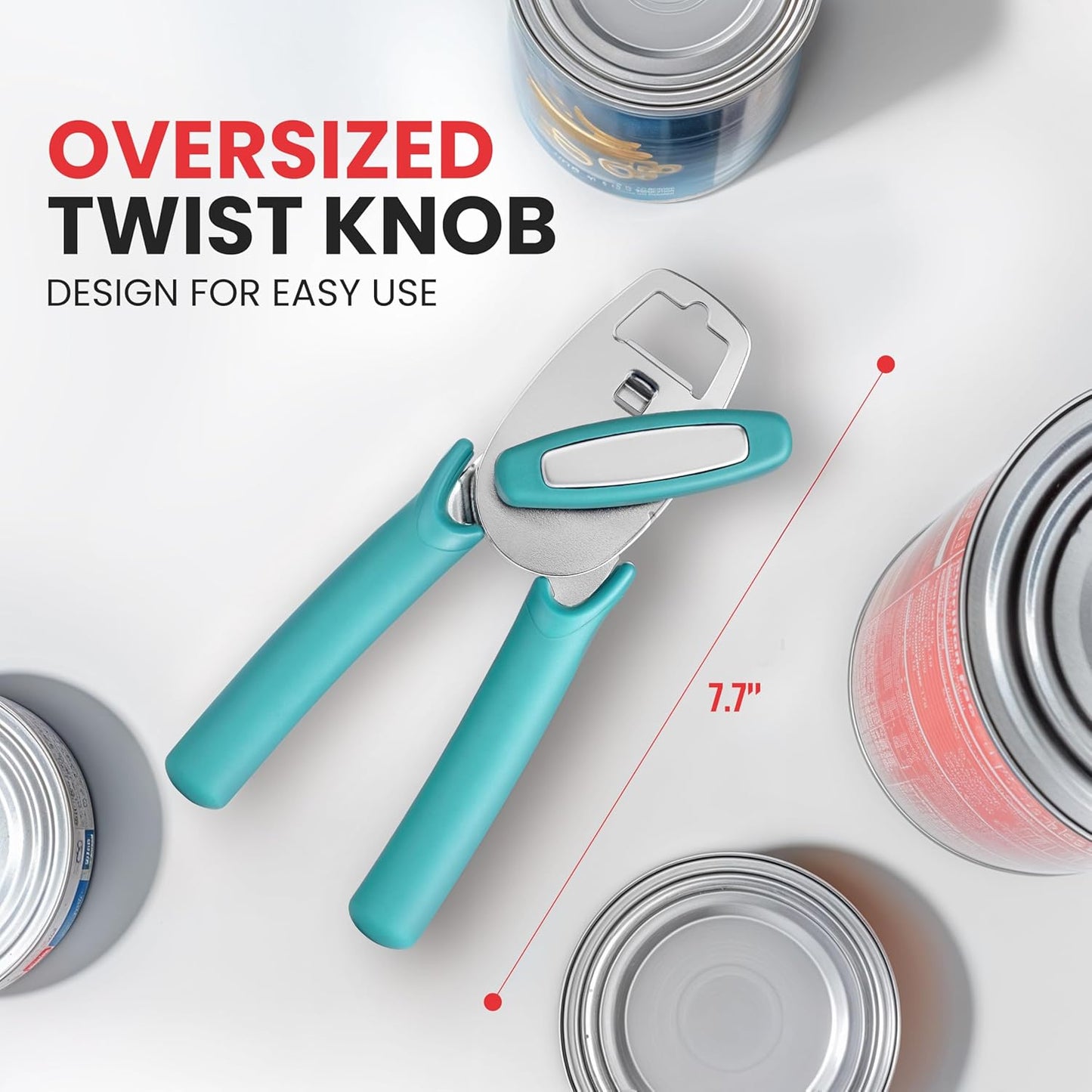Zulay Kitchen Heavy Duty Stainless Steel Manual Can Opener – Ergonomic Soft Grip Handles, Smooth Edge Cutting Wheel & Large Built In Bottle Opener – Easy Turn Knob for Effortless Use - Aqua