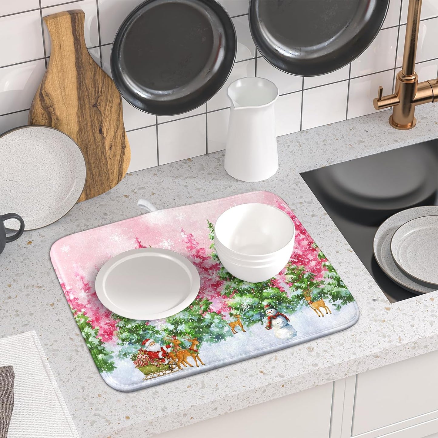 Santa Claus Dish Drying Mats for Kitchen Counter Watercolor Forest Decoration Coffee Mat for Table Decor