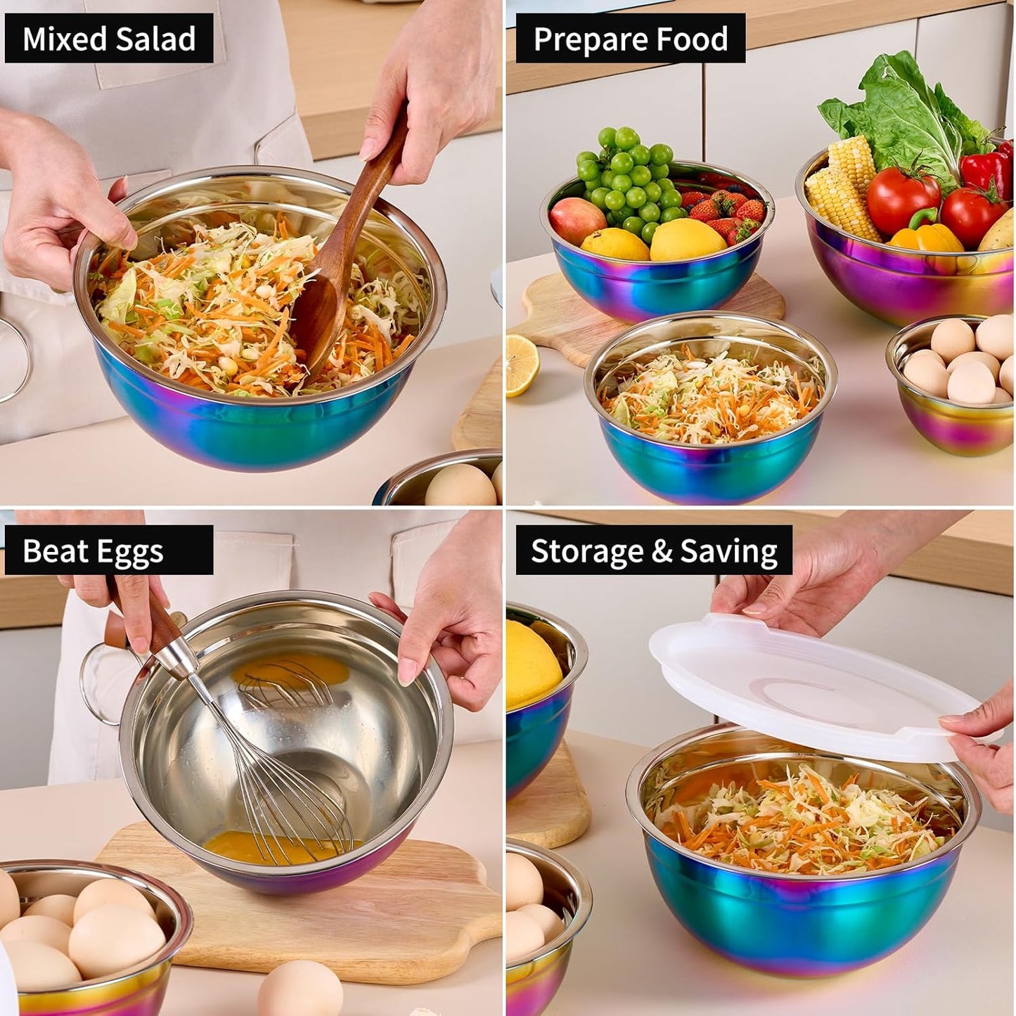 Rainbow Mixing Bowls with Lids Set of 7, Stainless Steel Nesting Bowl with Khaki Lid for Non-slip Mixing Prepping Storing Serving, 7 Sizes-7/3.6/2.7/2.1/1.5/1/0.8 QT