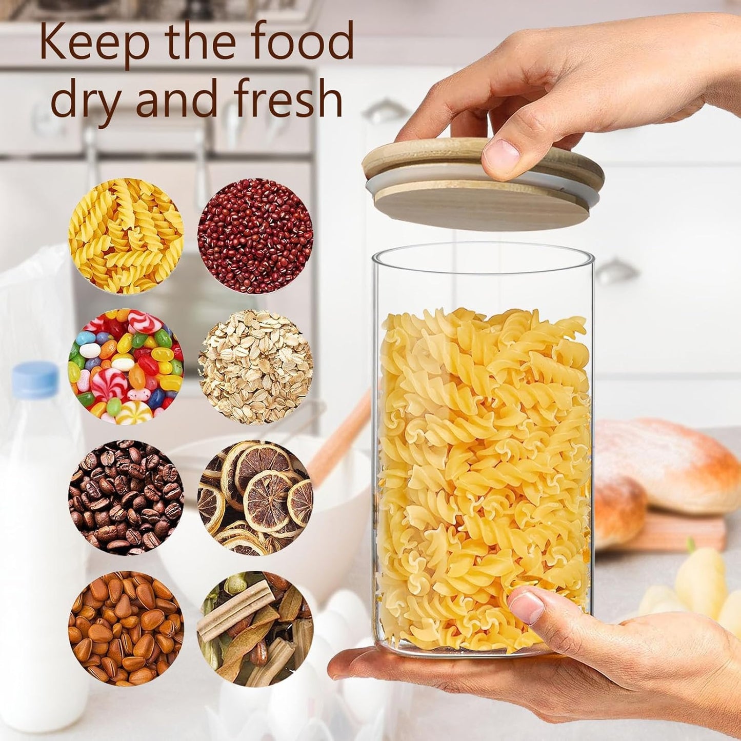 40oz Round Glass Storage Containers with Lids, Clear Food Storage Container Jar with Sealing Bamboo Lid for Noodles Flour Cereal Rice Sugar Tea Coffee Beans, Round Set of 3