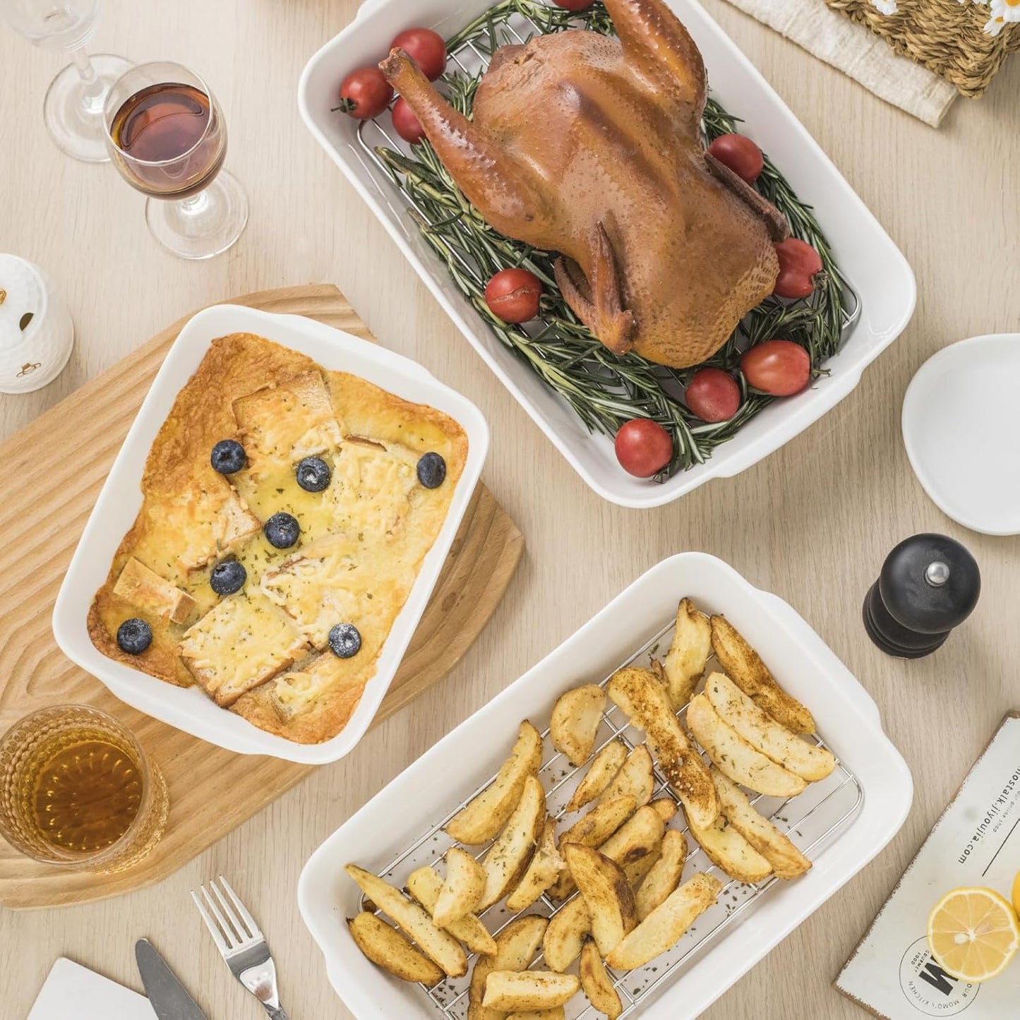 2 QT Small Ceramic Baking Dish, White Casserole Dish with Roasting Racks, Lasagna Pan for Oven, Ceramic Baking Pan, Kitchen Decor, Microwave Oven Safe, Dinner, Wedding (7.6" x 12.3")