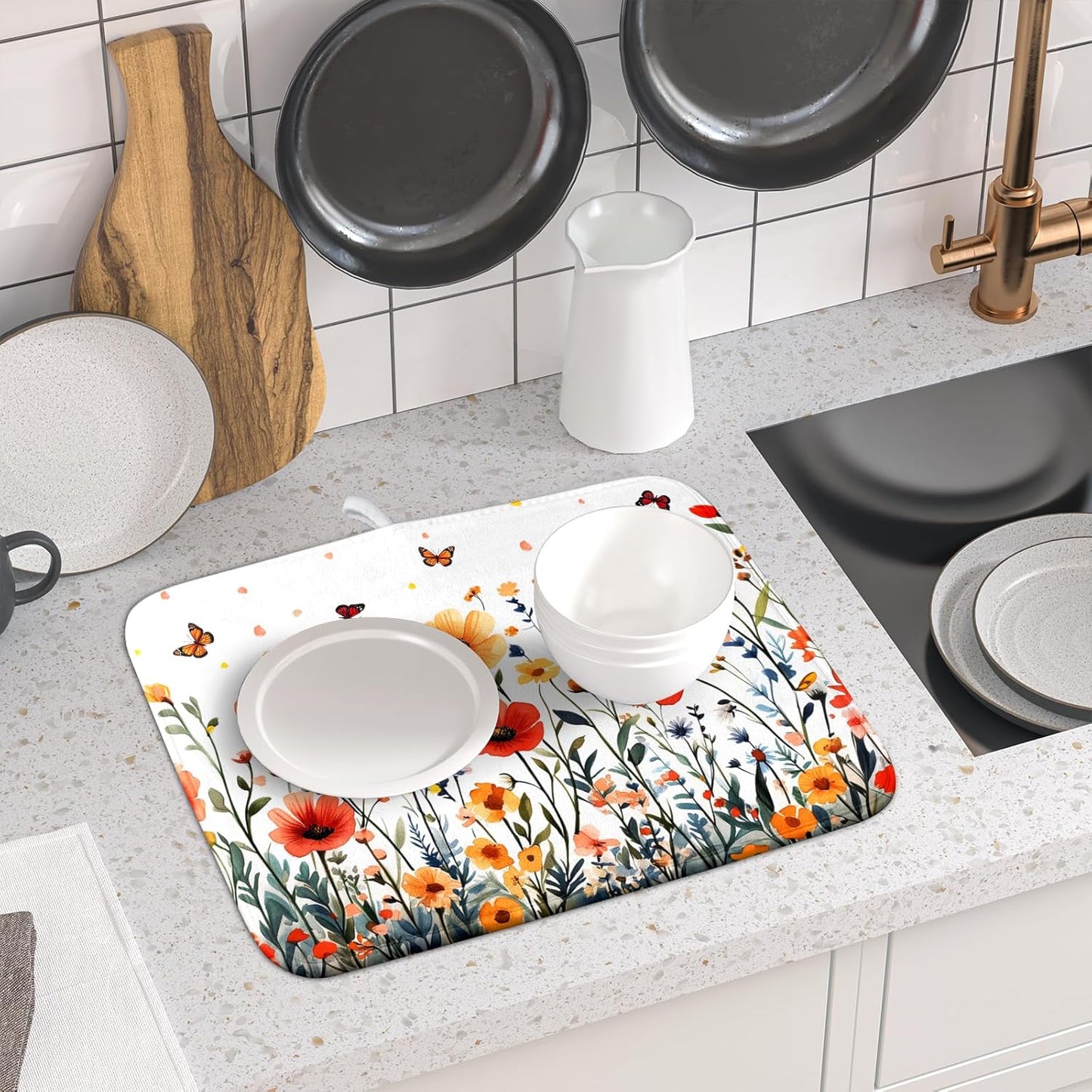 Poppy Flower Dish Drying Mat 16x18 Inch Floral Leaves Dish Drainer Protector Pad Washable Reversible Drying Pad for Kitchen Counter Sink