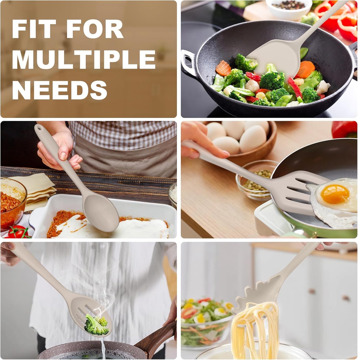 TeamFar Silicone Cooking Utensils, Kitchen Utensils Set of 5, Nonstick Cookware Tools Turners Spoons Pasta Server for Home, Healthy & Heat-Resistant, Seamless & Non-Scratch, Dishwasher Safe, Khaki