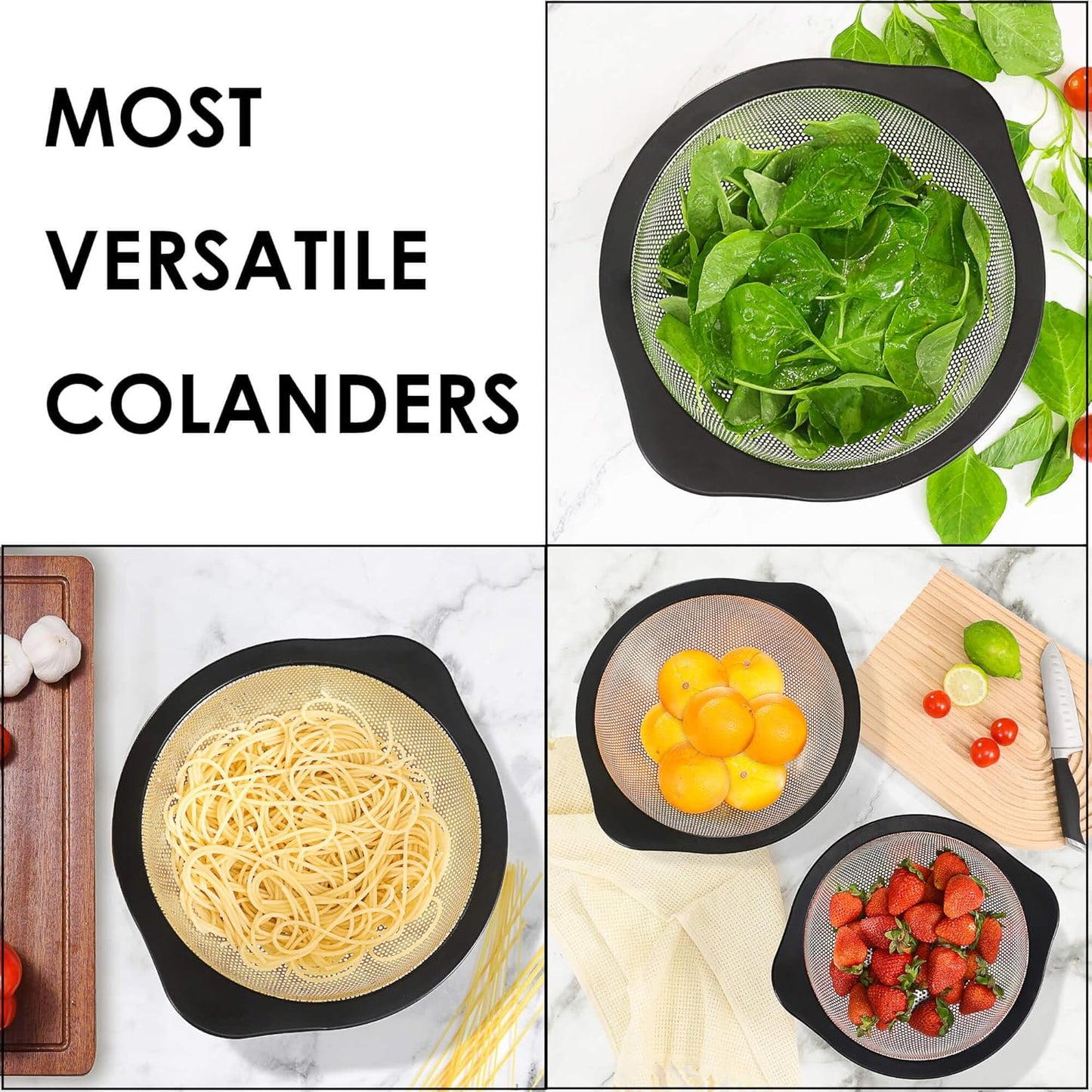 Rorence Stainless Steel Colanders Set for Kitchen - 2.5 and 4.3 Quart Capacities Kitchen Strainer Set of 2 with Black Non-Slip Handles