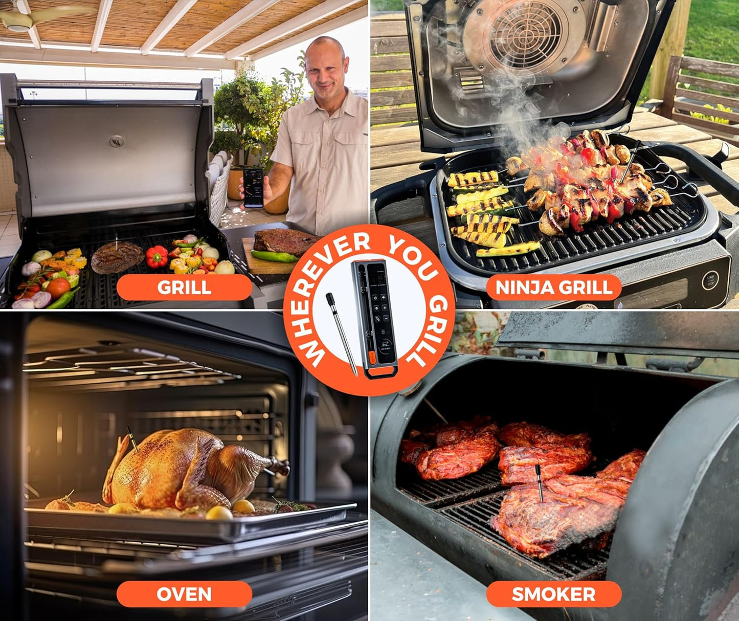 WiFi and Bluetooth Meat Thermometer Digital Wireless - Long Range Connection with Built-in Temperature Display, Meats Probe,Meat Thermometer for Grilling, Smoking, Cooking, BBQ Gift for Men