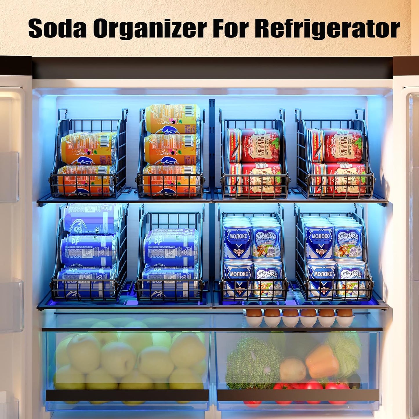 4-Pack Stackable Canned Food Organizer with Handles for Kitchen, Soda Can Organizer for Pantry Shelves, Wire Cabinet Shelf for Can Storage, Foldable Soda Dispenser, Patent Pending, Black