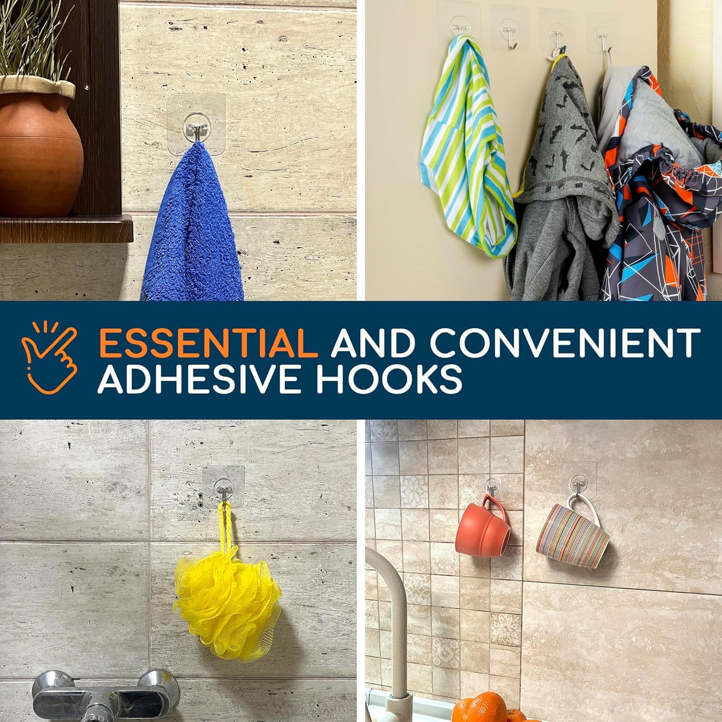 GLUIT Adhesive Wall Hooks for Hanging Heavy Duty 22 lbs Hooks for Walls No Damage, Towel Sticky Clear Hooks, Waterproof, Home, Bathroom, Kitchen, Office, and Outdoor, 40 Pack