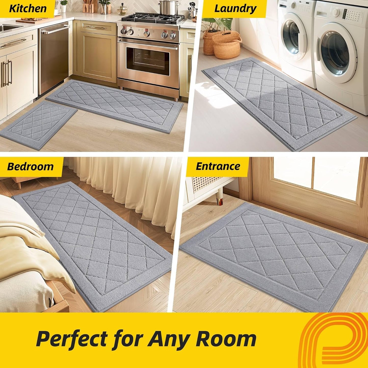 JSEI Non-Slip Kitchen Rugs, Self Adhesive No Sliding Kitchen Mats Set of 2, Soft Washable Absorbent Floor Mat for Kitchen, Bathroom, Laundry Room, Bedroom, 24”x36”+24”x60”, Light Grey, Diamond Pattern