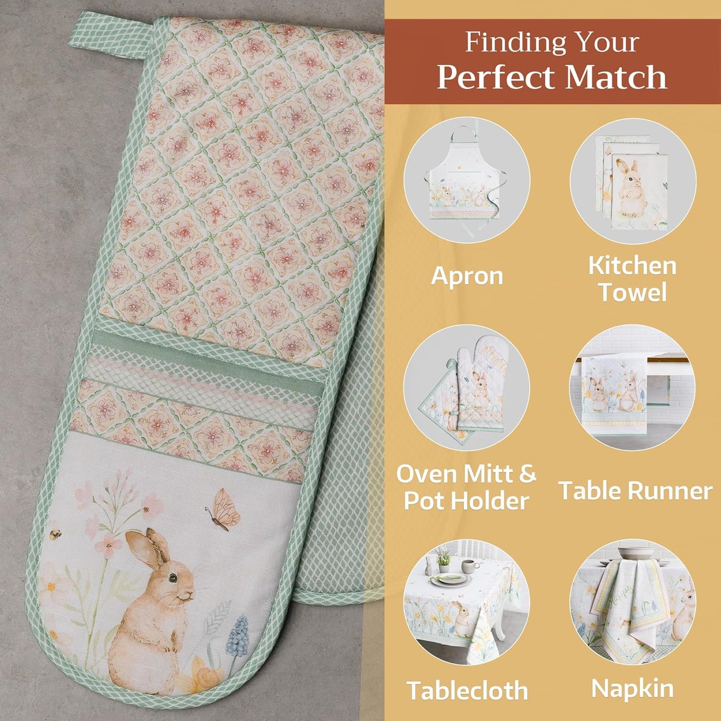 Maison d' Hermine Double Oven Mitts 100% Cotton 7"x35" Double Oven Mitt Heat Resistant BBQ Cooking Gloves with Loop, Baking, Grilling, Home, Kitchen, Handling Hot Pans Spring Summer (Easter Dew)