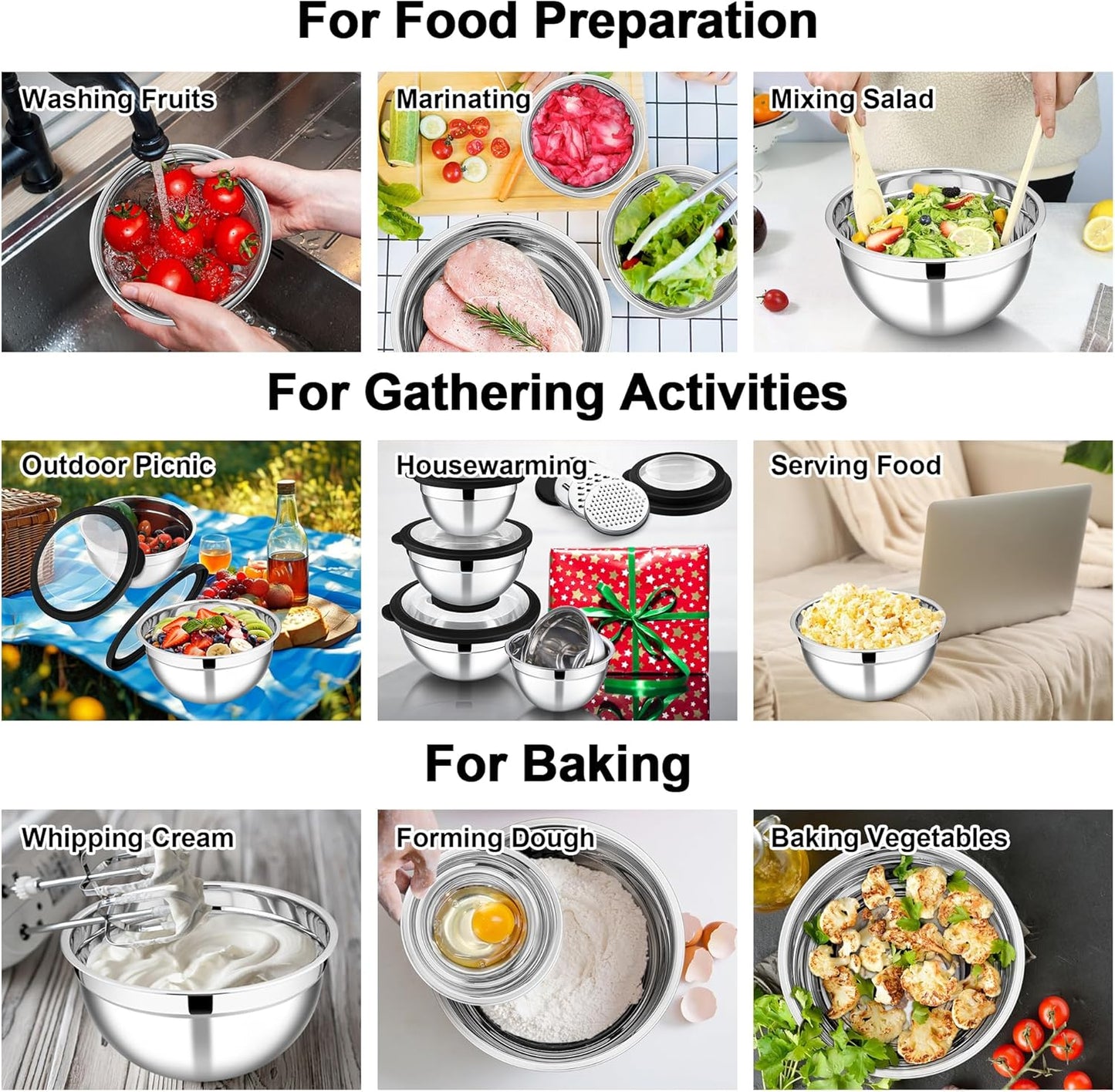 E-far Mixing Bowls Set of 5, Stainless Steel Salad Mixing Bowl with Transparent Lid, Metal Nesting Bowl Attach with 3 Graters for Kitchen Prepping/Serving/Baking/Storage, 4.6/2.6/1.5/1/0.7 QT - Black