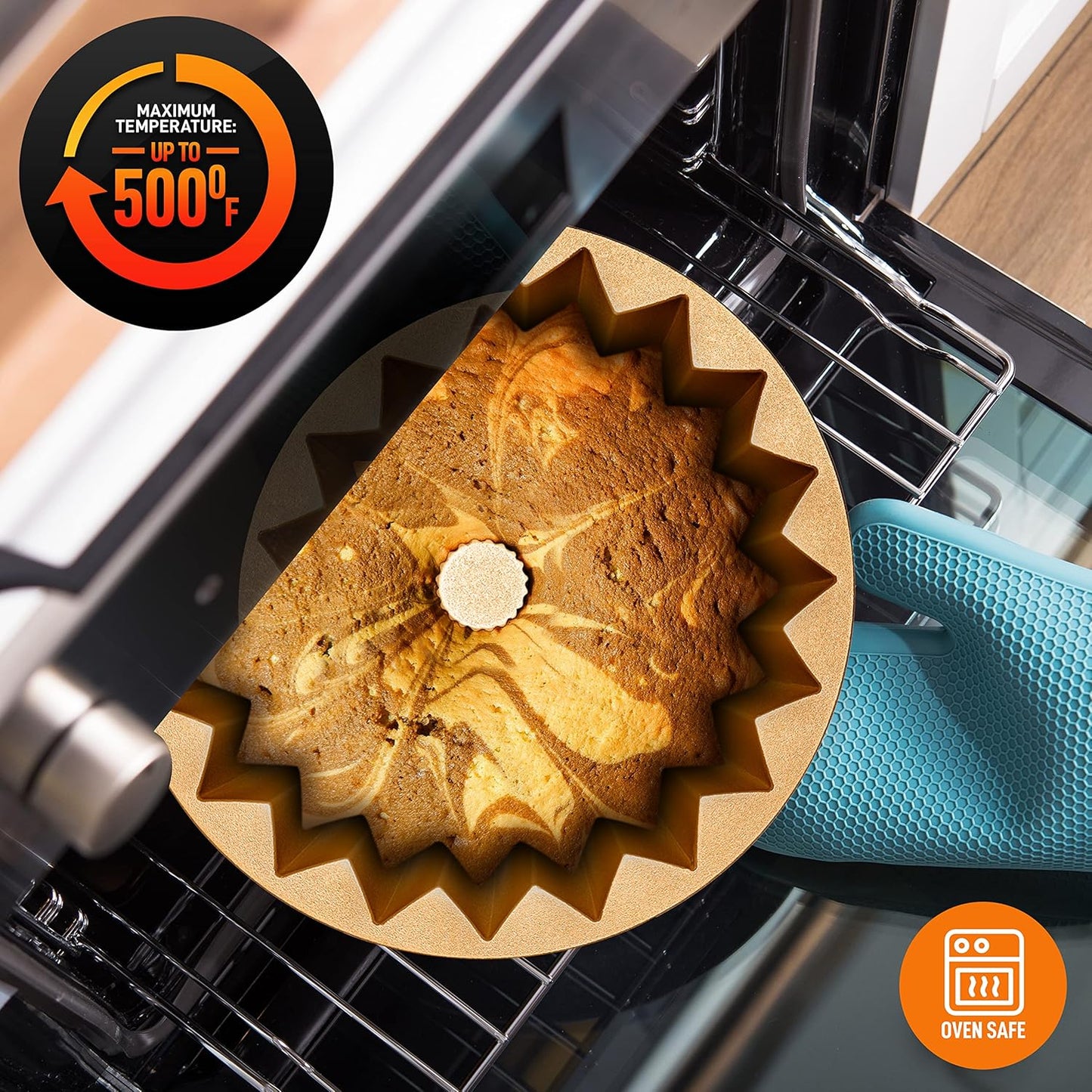 NutriChef 9-Inch Cake Pan - Thick and Heavy Cast Aluminum Bakeware Cake Mold with 2 Layers of Nonstick Coating - Fluted Lines Design for Uniform Baking Up To 500 Degrees - Easy to Clean, Gold