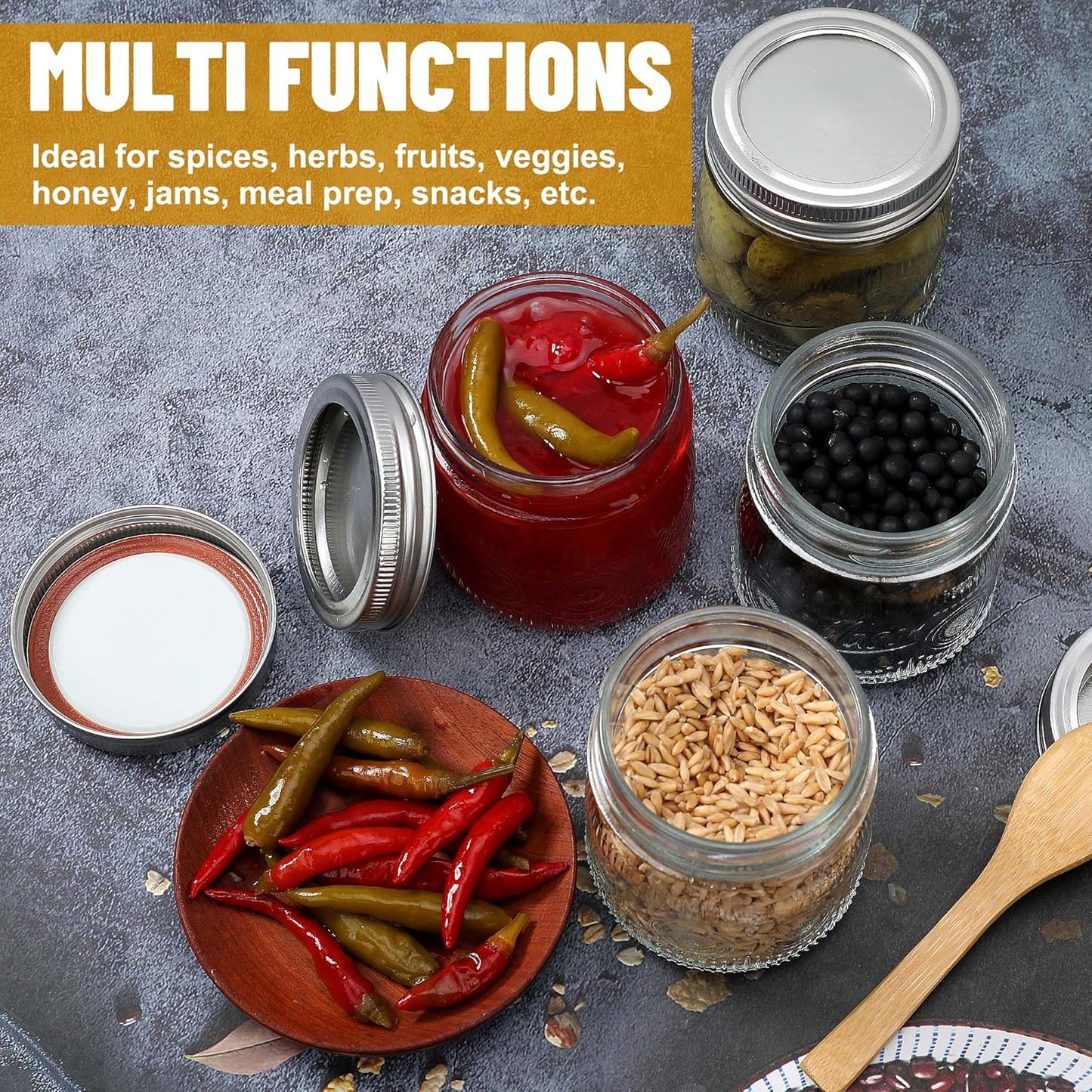 8 oz Mason Jars with Regular Airtight Lids - 24 Pack Small Mason Jars for Jam, Honey, Baby Foods, Overnight Oats, Spices, Herbs, Salads, Candles, Dessert, Party Favors, Half Pint Size Canning Jar