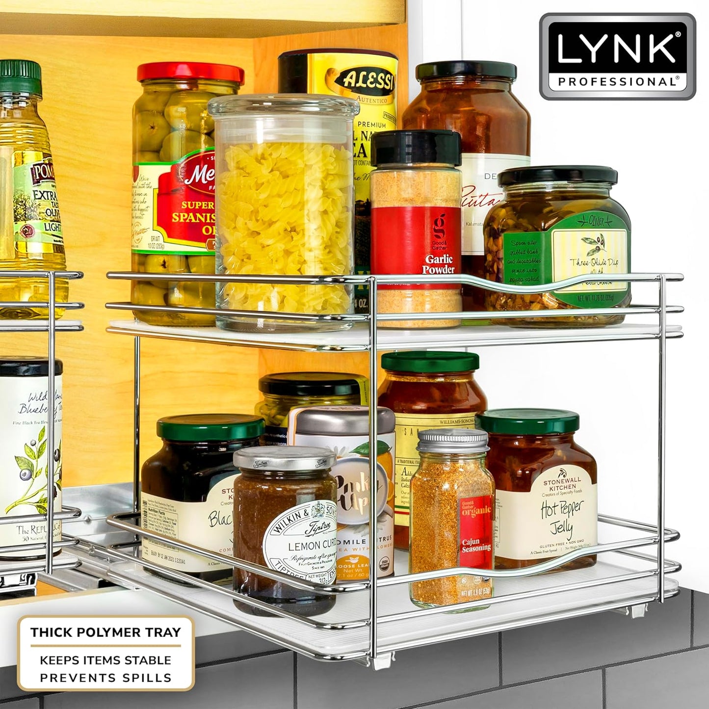 LYNK PROFESSIONAL® Pull Out Spice Rack Organizer for Inside Kitchen Cabinets - 10-1/4 inch Wide - Slide Out Drawer – Chrome Sliding Spice Cabinet Organization Shelf Racks - 2 Tier