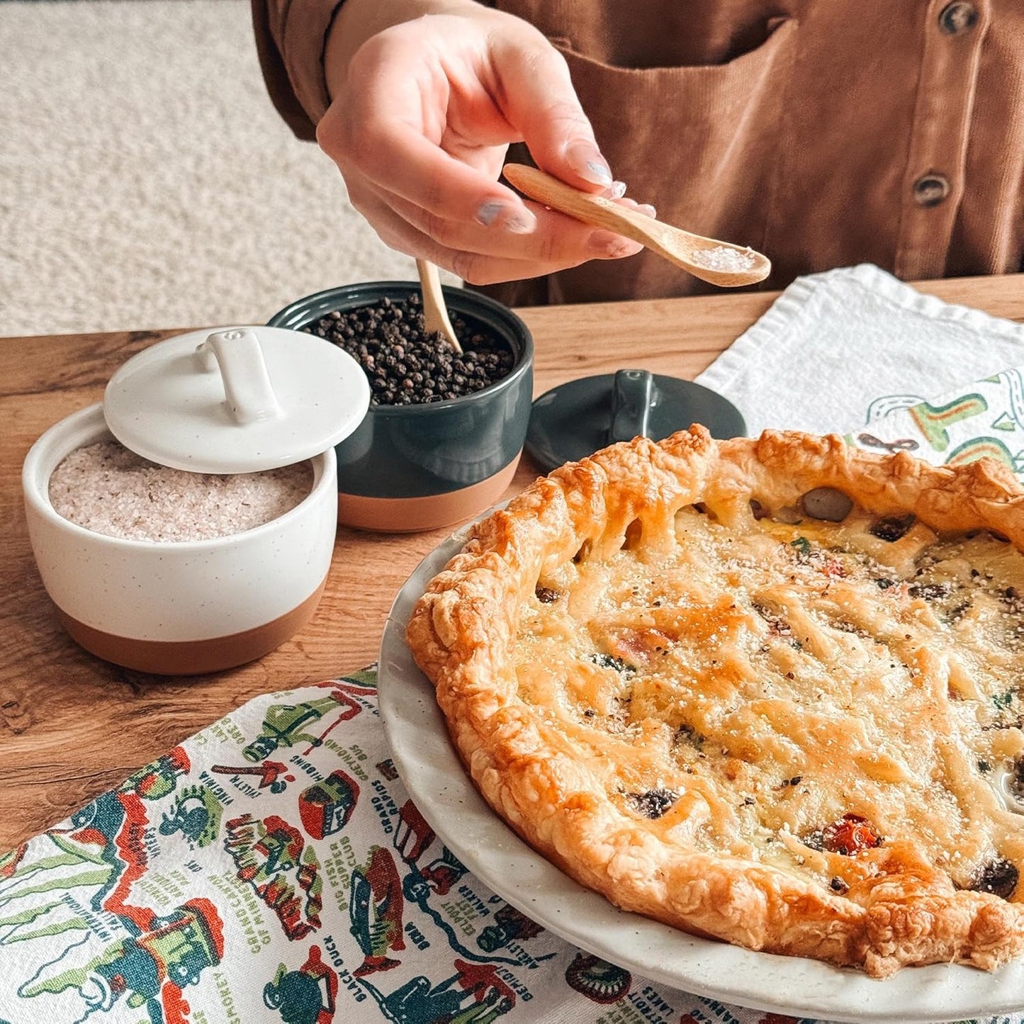 Mora Ceramic Salt and Pepper Cellar Set with Lid - 10 oz Modern Canister/Container/Bowl for Storage, Sea Salt, Spice, Sugar, Countertop - Small Dish/Jar with Wood Spoon, Black & White Crock