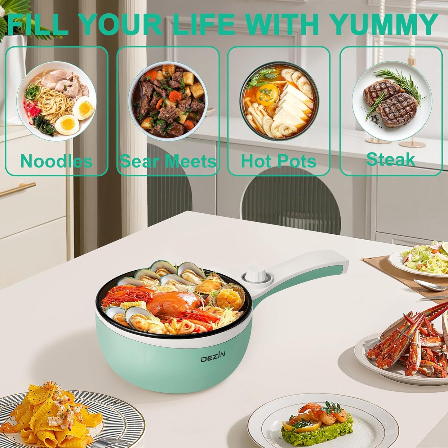 Dezin Hot Pot Electric Upgraded, Non-Stick Sauté Pan, Rapid Noodles Electric Pot, 1.5L Mini Portable Hot Pot for Steak, Egg, Fried Rice, Ramen, Oatmeal, Soup with Power Adjustment