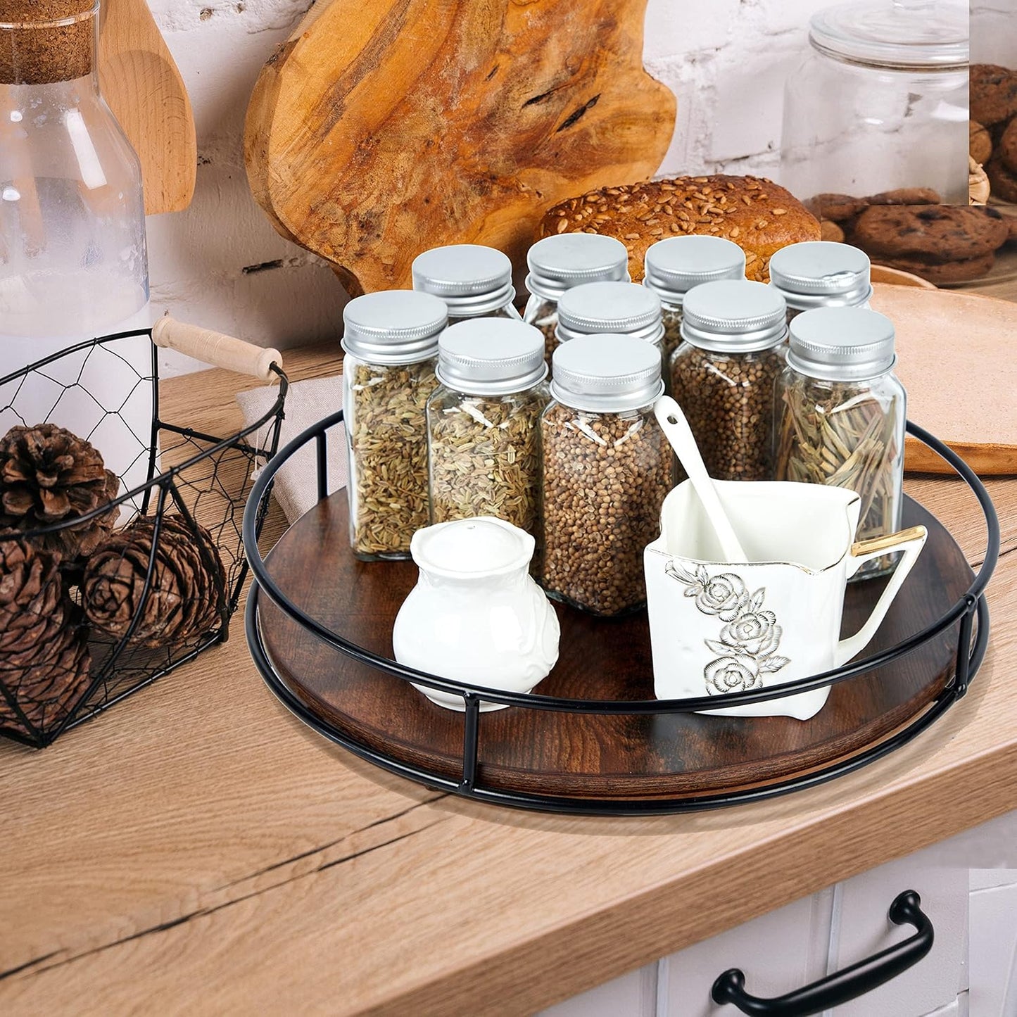 12 Inch Wood Lazy Susan, Rustic Brown Turntable Organizer with Steel Frame, 360 Degree Decorative Turntable for Countertop or Centerpieces