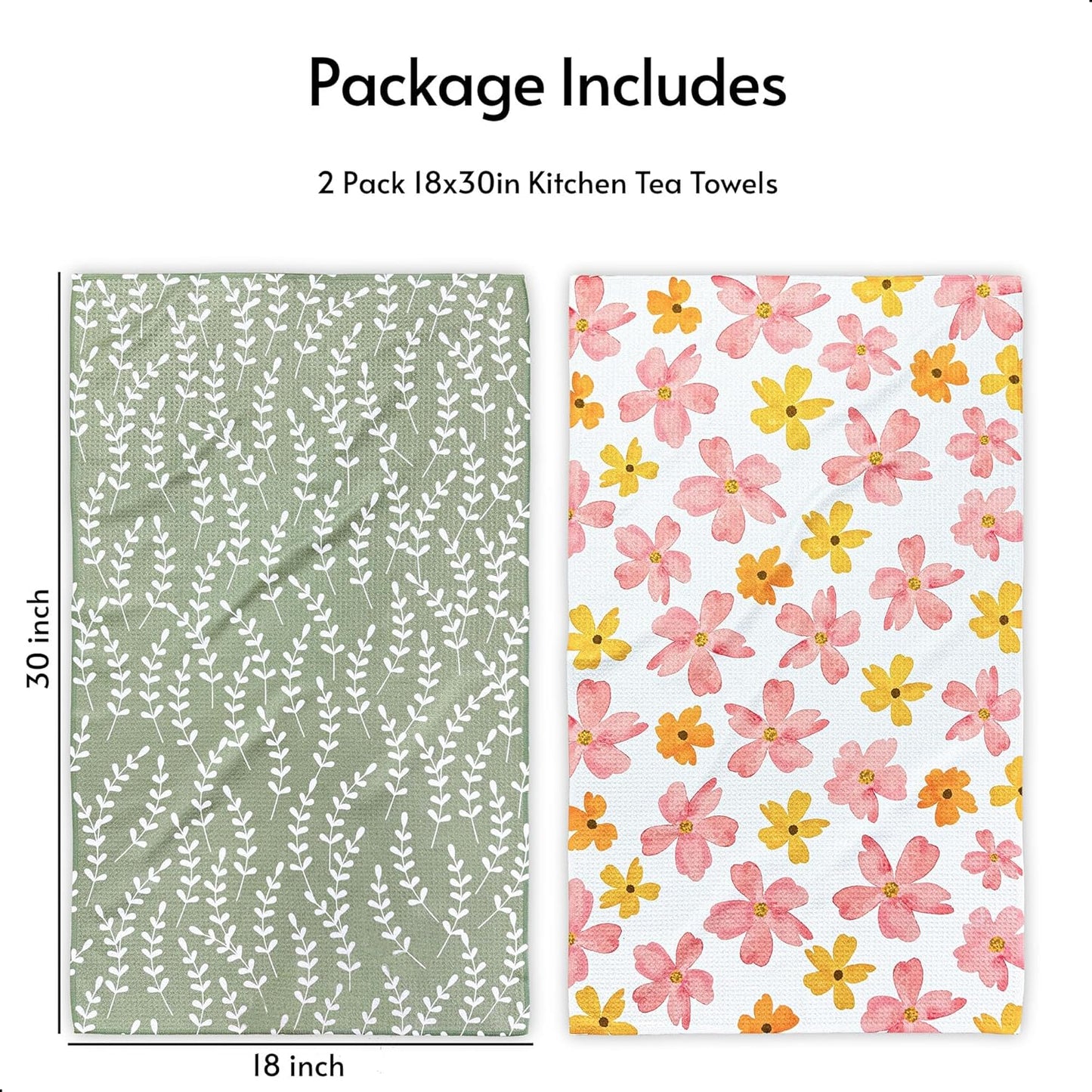 Kitchen Towels, 18" x 30" Tea Towels for Kitchen, Premium Microfiber Dish Towels for Kitchen Drying, Blush Garden Series, 2-Pack