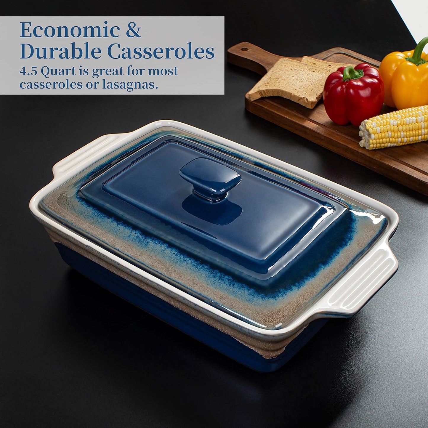 LOVECASA 4.5 Quart Ceramic Casserole Dish with Lid, 9x13 Baking Dish for Oven, Lasagna Pan Deep with Handles, Stoneware Bakeware, Oven & Dishwasher Safe, Blue Gray Gradient