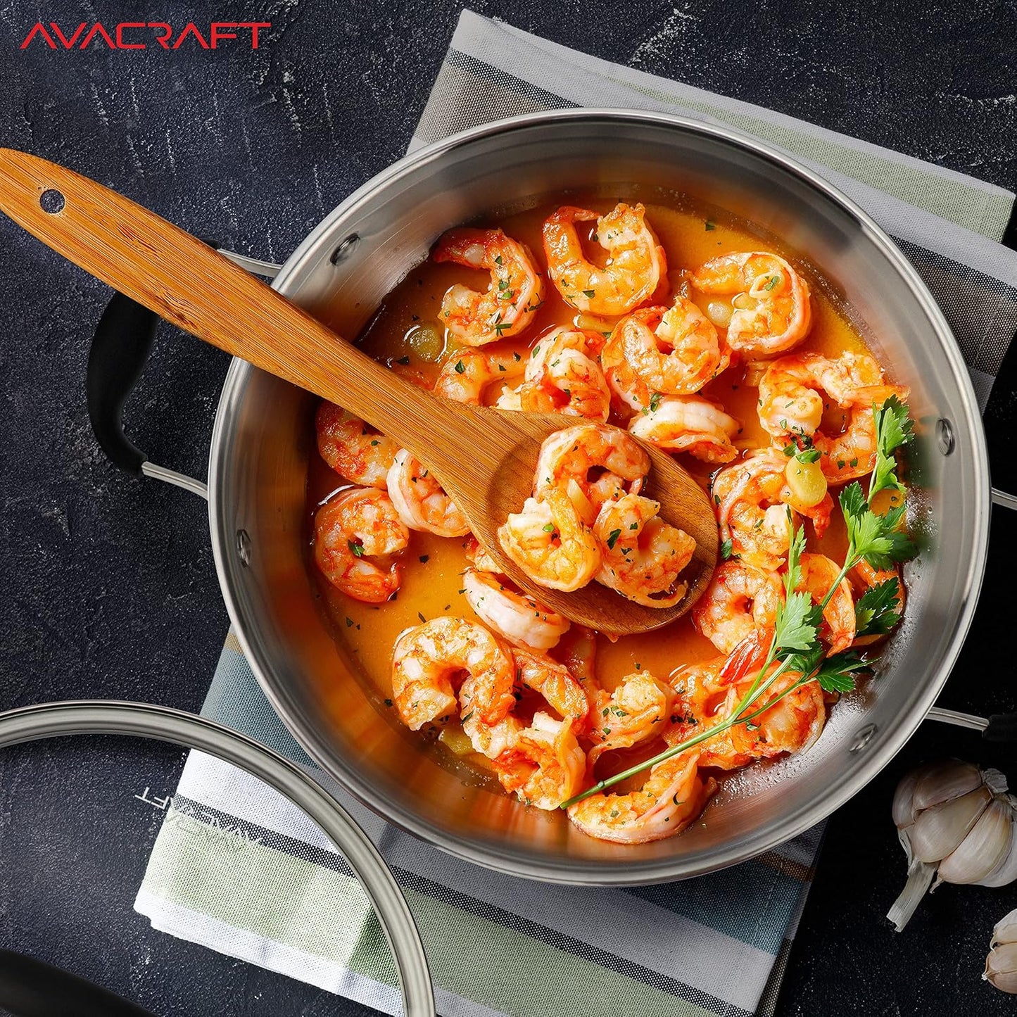 AVACRAFT 18/10 Stainless Steel Everyday Pan, Stir Fry Pan with Five-Ply Base, Chef’s Pan with Glass Lid, Multipurpose Stewpot Skillet, Saute Pan, Casserole in Pots and Pans (9 Inch)