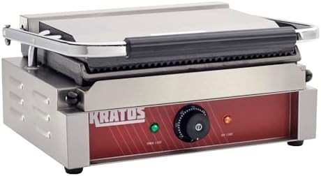 Kratos Commercial Electric Panini Sandwich Grill with Grooved Top and Smooth Bottom Plates, 14" x 9" Cooking Surface, Commercial Countertop Panini Press, 120V, 1750W (29Y-022)