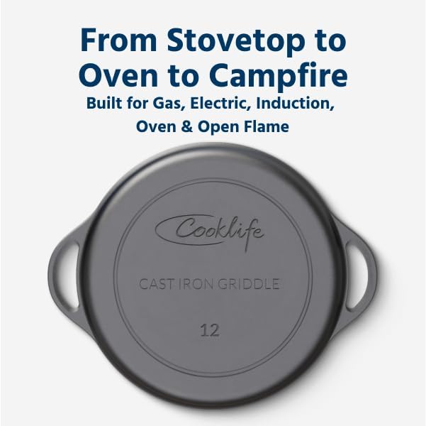 COOKLIFE 12 Inch Lightweight Pre-Seasoned Cast Iron Griddle - Smooth Polished Surface, Easy to Clean Cast Iron skillets Use in the Oven, on the Stove or Grill, Over a Campfire