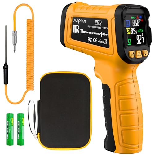 50:1 Infrared Thermometer IR Laser Gun, -58°F to 1796°F, Digital Temperature Gun/K-Type Probe -4°F to 932°F & Humidity Sensor for Cooking, Pizza Oven BBQ HVAC Home-Industrial Use