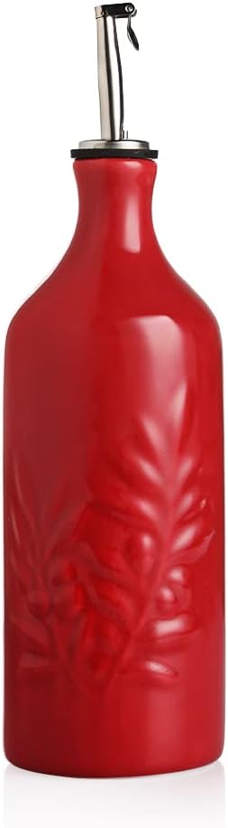 Sweejar Ceramic Olive Oil Dispenser Bottle, 20 Oz Relief Opaque Oil Cruet Protects Oil To Reduce Oxidation, Suitable for Storage Oil, Vinegar, Soy Sauce, Coffee Syrup, Liquids, Set of 1 (Red)