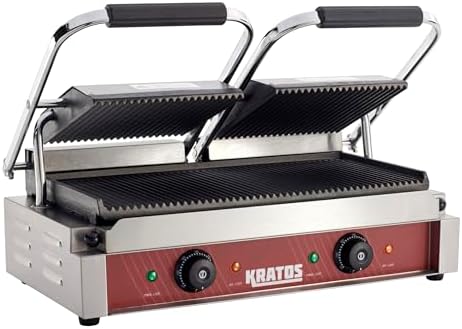 Kratos Commercial Electric Panini Sandwich Grill with Grooved Plates, 18.7" x 9" Cooking Surface, Commercial Countertop Panini Press, 120V, 3500W (29Y-023)