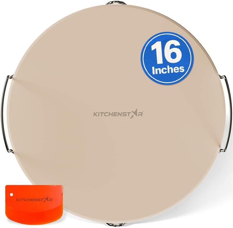KitchenStar 16-inch Pizza Stone for Oven and BBQ Grill with Handles, Round, 5/8" Thick - Natural Cordierite, 1800 °F Resistant, Baking Stone Set with Stainless Steel Rack & Plastic Scraper Tool