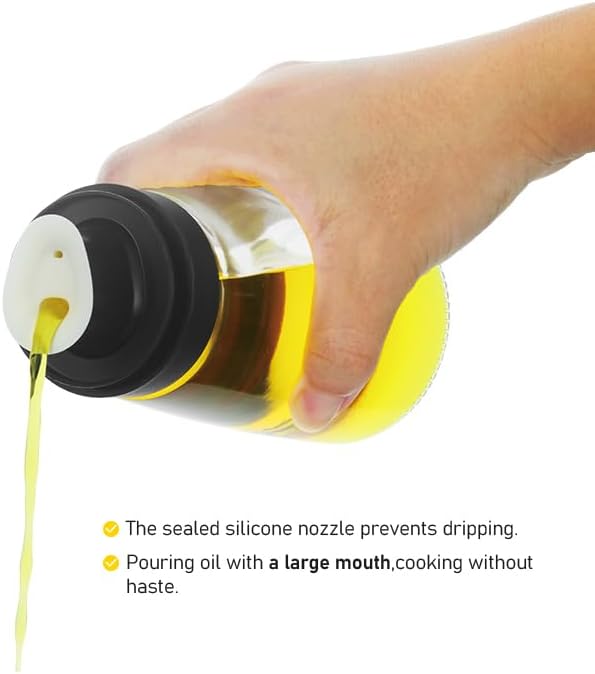 Small Glass Olive Oil and Vinegar Dispenser Bottles Set for Kitchen Cooking with Silicone Dual Pouring Spout, Soy Sauce Dispenser with Dust-proof Lid - Set of 2 (Black, 8 oz)