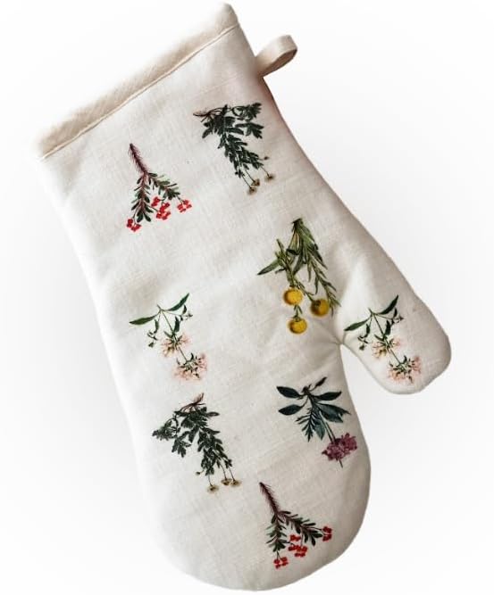 Elegant Vintage Oven Mitt - Heat Resistant Oven Glove with Botanical Print - Perfect for BBQ, Baking, Cooking and Grilling