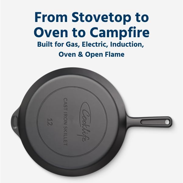 COOKLIFE 12 Inch Lightweight Pre-Seasoned Cast Iron Skillets with Handle Cover - Smooth Polished Surface, Easy to Clean Cast Iron Pan Use in the Oven, on the Stove or Grill, Over a Campfire